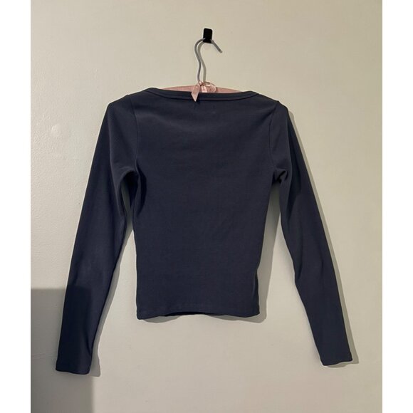 HOLLISTER Women’s Long Sleeve Henley Top Small Blue Ribbed Stretch Button Front - Picture 2 of 11